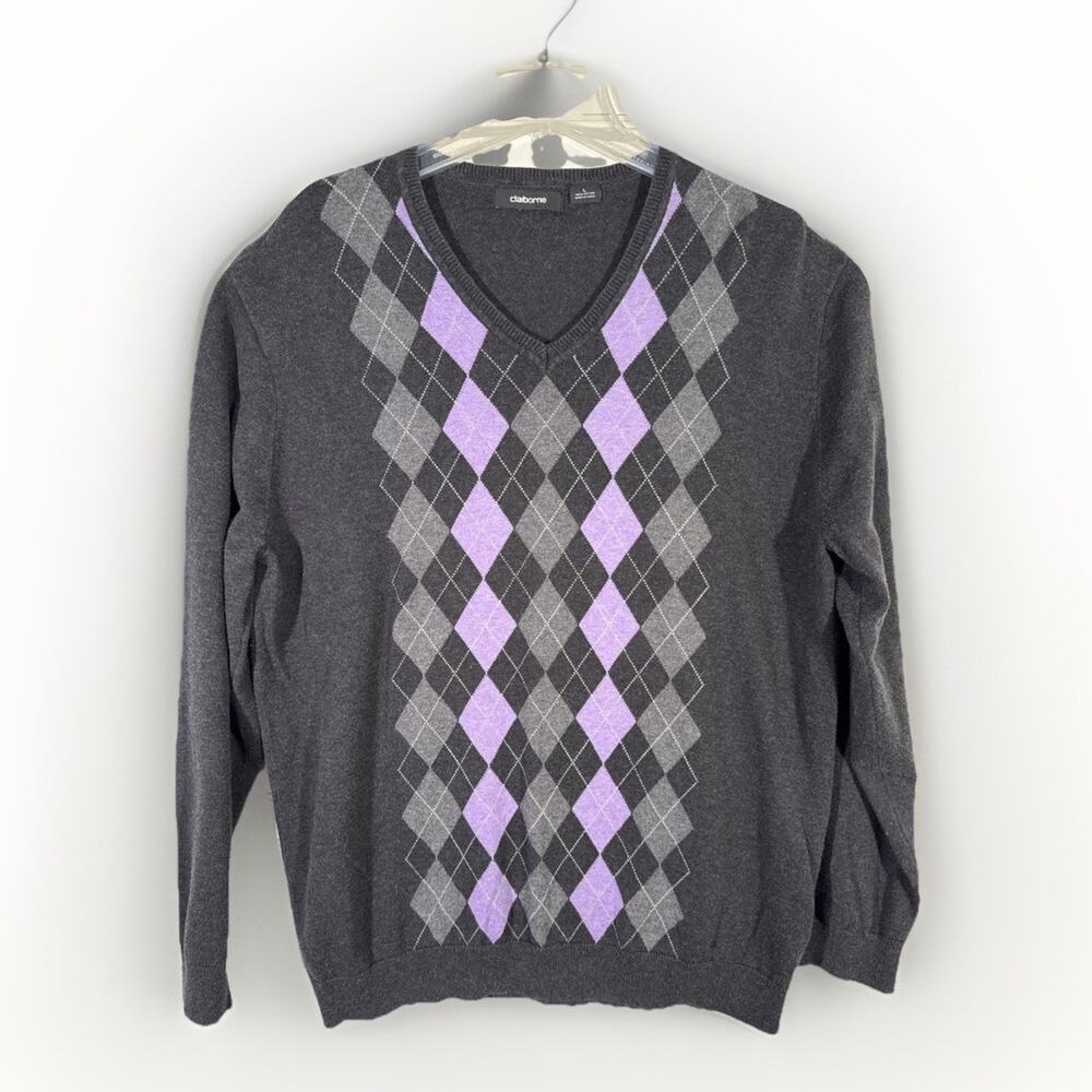 Claiborne Mens L Argyle V Neck Sweater Dark Gray Purple Diamond Knit Pullover